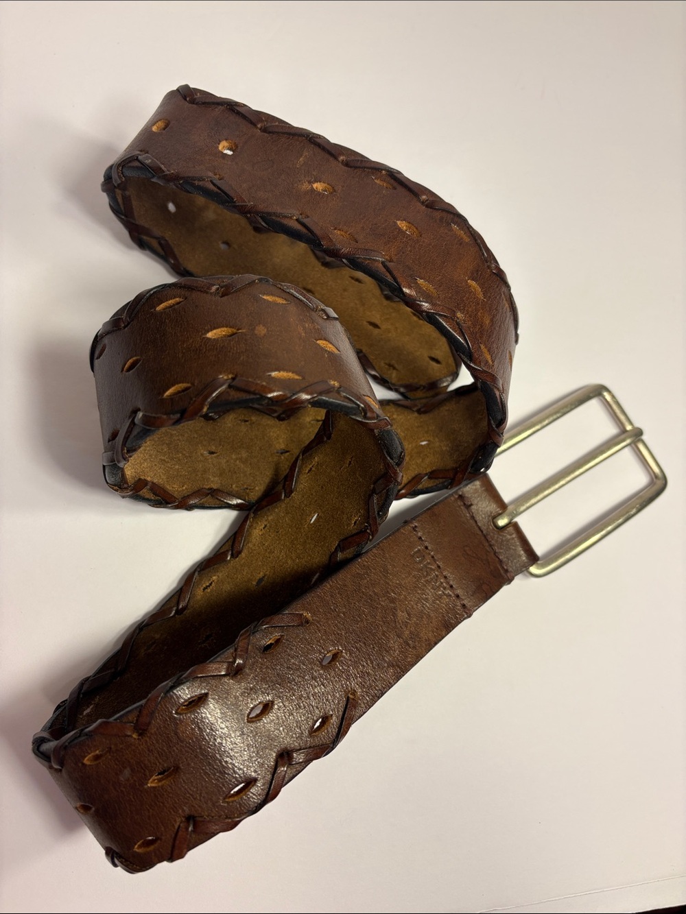 DKNY Brown Braided Leather Men’s Belt with Silver Buckle